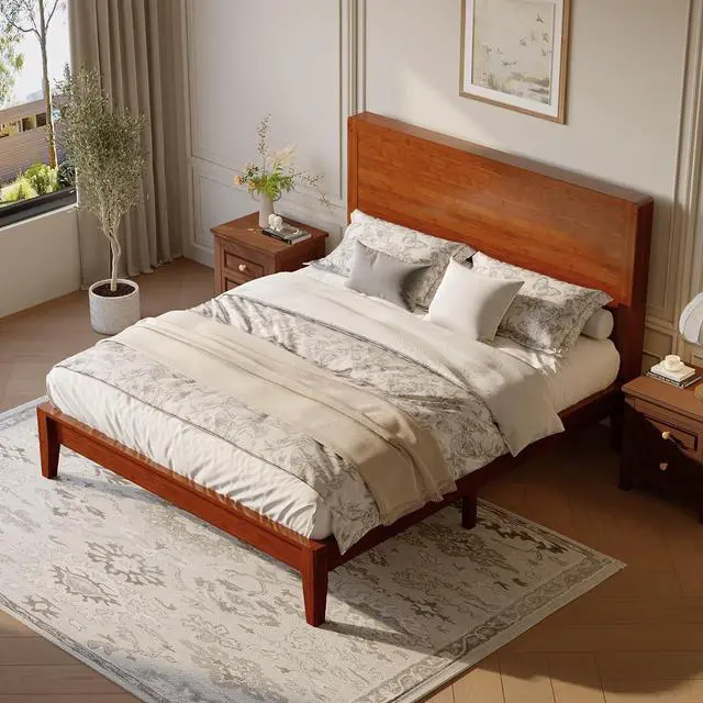 Alt view image 7 of 7 - Full Size Bamboo Bed Frame with Tall Headboard, Japanese Joinery Platform Bed, Sturdy Wood Slat Support, 7.9" Under-Bed Storage, No Box Spring Needed, Easy Assembly, Warm Brown