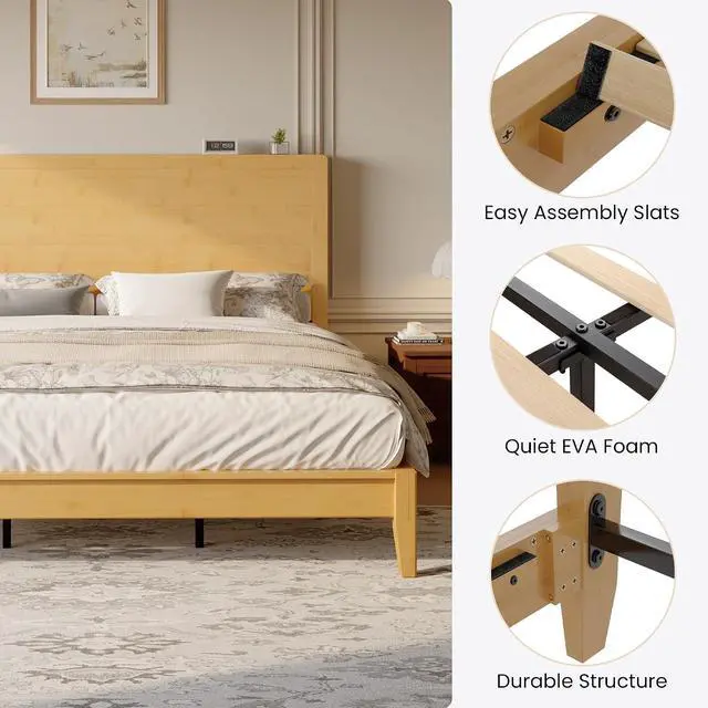 Alt view image 6 of 7 - King Size Bamboo Bed Frame with Tall Headboard, Japanese Joinery Platform Bed, Sturdy Wood Slat Support, 7.9" Under-Bed Storage, No Box Spring Needed, Easy Assembly, Natural