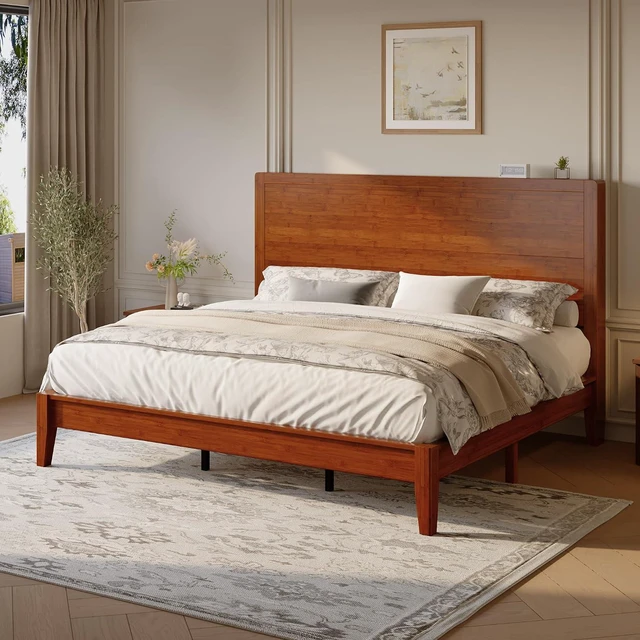 Alt view image 3 of 7 - King Size Bamboo Bed Frame with Tall Headboard, Japanese Joinery Platform Bed, Sturdy Wood Slat Support, 7.9" Under-Bed Storage, No Box Spring Needed, Easy Assembly, Warm Brown