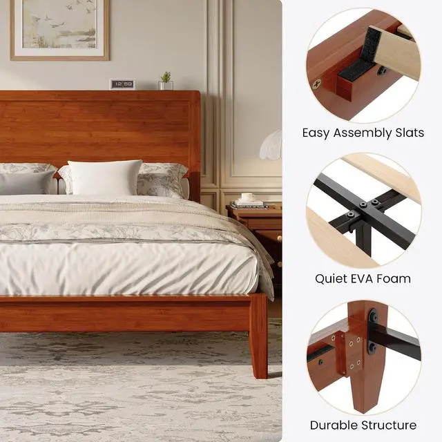 Alt view image 5 of 7 - Full Size Bamboo Bed Frame with Tall Headboard, Japanese Joinery Platform Bed, Sturdy Wood Slat Support, 7.9" Under-Bed Storage, No Box Spring Needed, Easy Assembly, Warm Brown