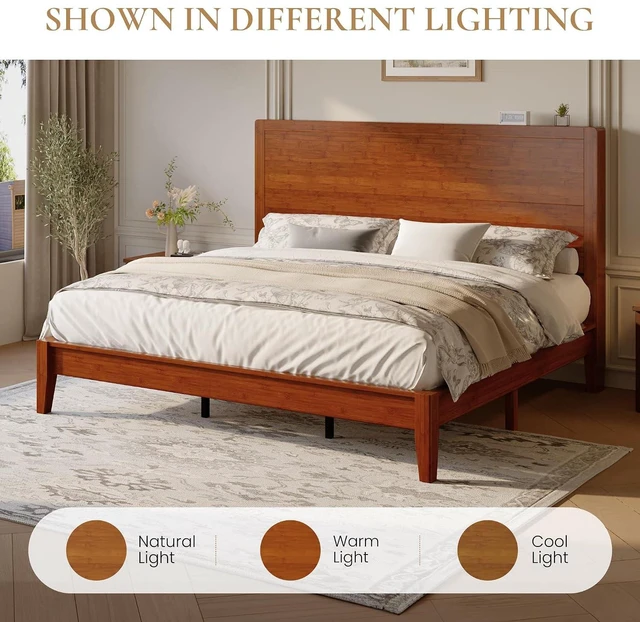 Alt view image 7 of 7 - King Size Bamboo Bed Frame with Tall Headboard, Japanese Joinery Platform Bed, Sturdy Wood Slat Support, 7.9" Under-Bed Storage, No Box Spring Needed, Easy Assembly, Warm Brown