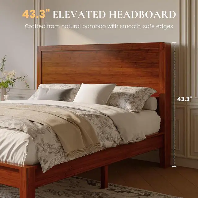 Alt view image 2 of 7 - Full Size Bamboo Bed Frame with Tall Headboard, Japanese Joinery Platform Bed, Sturdy Wood Slat Support, 7.9" Under-Bed Storage, No Box Spring Needed, Easy Assembly, Warm Brown