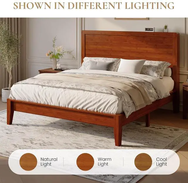 Alt view image 6 of 7 - Full Size Bamboo Bed Frame with Tall Headboard, Japanese Joinery Platform Bed, Sturdy Wood Slat Support, 7.9" Under-Bed Storage, No Box Spring Needed, Easy Assembly, Warm Brown