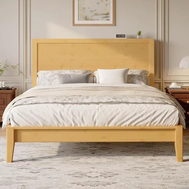Main image of Full Size Bamboo Bed Frame with Tall Headboard, Japanese Joinery Platform Bed, Sturdy Wood Slat Support, 7.9" Under-Bed Storage, No Box Spring Needed, Easy Assembly, Natural