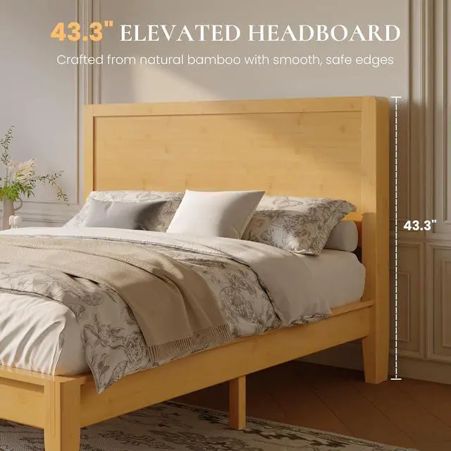 Alt view image 2 of 7 - Full Size Bamboo Bed Frame with Tall Headboard, Japanese Joinery Platform Bed, Sturdy Wood Slat Support, 7.9" Under-Bed Storage, No Box Spring Needed, Easy Assembly, Natural