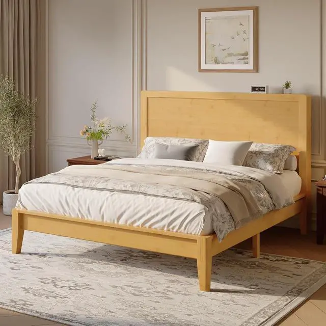 Alt view image 3 of 7 - Full Size Bamboo Bed Frame with Tall Headboard, Japanese Joinery Platform Bed, Sturdy Wood Slat Support, 7.9" Under-Bed Storage, No Box Spring Needed, Easy Assembly, Natural
