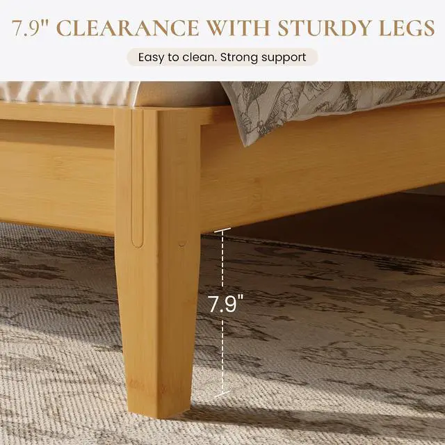 Alt view image 4 of 7 - Full Size Bamboo Bed Frame with Tall Headboard, Japanese Joinery Platform Bed, Sturdy Wood Slat Support, 7.9" Under-Bed Storage, No Box Spring Needed, Easy Assembly, Natural