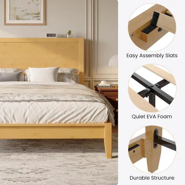 Alt view image 6 of 7 - Full Size Bamboo Bed Frame with Tall Headboard, Japanese Joinery Platform Bed, Sturdy Wood Slat Support, 7.9" Under-Bed Storage, No Box Spring Needed, Easy Assembly, Natural