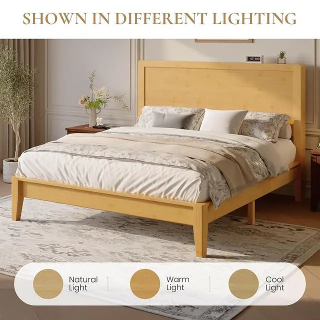 Alt view image 7 of 7 - Full Size Bamboo Bed Frame with Tall Headboard, Japanese Joinery Platform Bed, Sturdy Wood Slat Support, 7.9" Under-Bed Storage, No Box Spring Needed, Easy Assembly, Natural