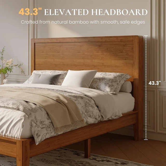 Alt view image 2 of 7 - Queen Size Bamboo Bed Frame with Tall Headboard, Japanese Joinery Platform Bed, Sturdy Wood Slat Support, 7.9" Under-Bed Storage, No Box Spring Needed, Easy Assembly, Rustic Brown