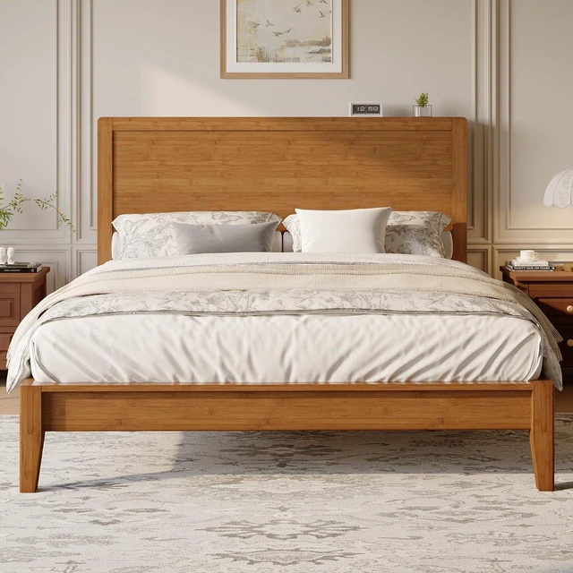 Main image of Queen Size Bamboo Bed Frame with Tall Headboard, Japanese Joinery Platform Bed, Sturdy Wood Slat Support, 7.9" Under-Bed Storage, No Box Spring Needed, Easy Assembly, Rustic Brown