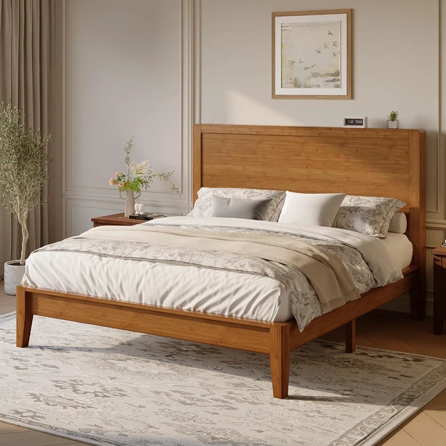 Alt view image 3 of 7 - Queen Size Bamboo Bed Frame with Tall Headboard, Japanese Joinery Platform Bed, Sturdy Wood Slat Support, 7.9" Under-Bed Storage, No Box Spring Needed, Easy Assembly, Rustic Brown