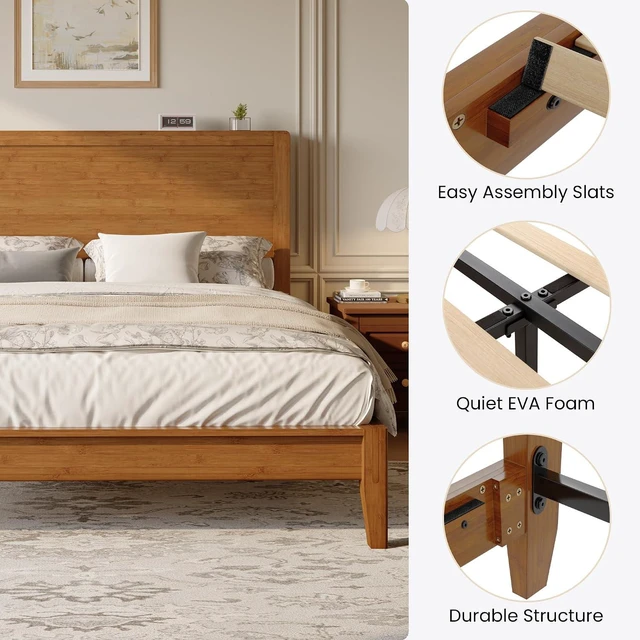 Alt view image 5 of 7 - Queen Size Bamboo Bed Frame with Tall Headboard, Japanese Joinery Platform Bed, Sturdy Wood Slat Support, 7.9" Under-Bed Storage, No Box Spring Needed, Easy Assembly, Rustic Brown