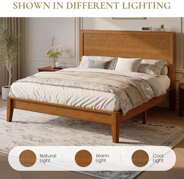 Alt view image 6 of 7 - Queen Size Bamboo Bed Frame with Tall Headboard, Japanese Joinery Platform Bed, Sturdy Wood Slat Support, 7.9" Under-Bed Storage, No Box Spring Needed, Easy Assembly, Rustic Brown