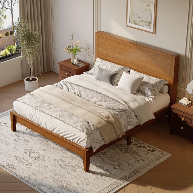 Alt view image 7 of 7 - Queen Size Bamboo Bed Frame with Tall Headboard, Japanese Joinery Platform Bed, Sturdy Wood Slat Support, 7.9" Under-Bed Storage, No Box Spring Needed, Easy Assembly, Rustic Brown