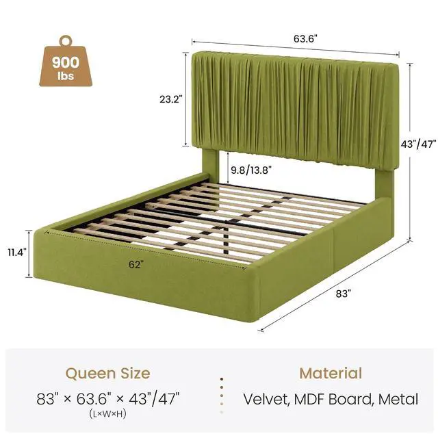 Alt view image 2 of 7 - Queen Size Artisanal Pleated Velvet Bed Frame with Adjustable Headboard, Luxurious Upholstered Floor Platform Bed, Modern Low Profile Frame, Green