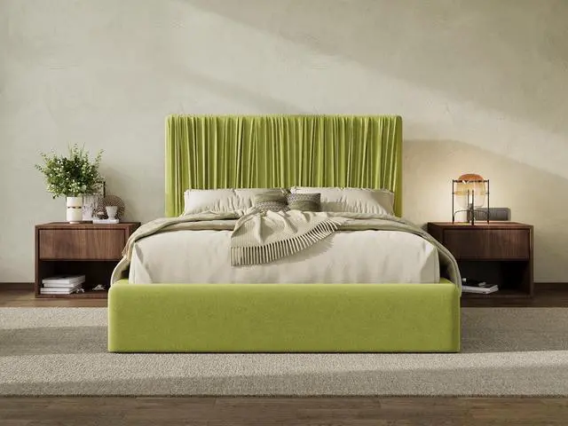 Main image of Full Size Artisanal Pleated Velvet Bed Frame with Adjustable Headboard, Luxurious Upholstered Floor Platform Bed, Modern Low Profile Frame, Green