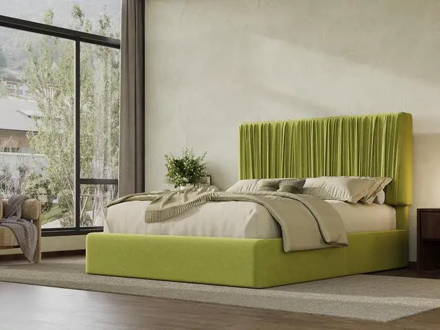 Alt view image 3 of 7 - Full Size Artisanal Pleated Velvet Bed Frame with Adjustable Headboard, Luxurious Upholstered Floor Platform Bed, Modern Low Profile Frame, Green