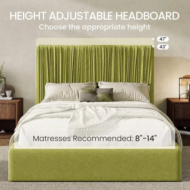 Alt view image 5 of 7 - Full Size Artisanal Pleated Velvet Bed Frame with Adjustable Headboard, Luxurious Upholstered Floor Platform Bed, Modern Low Profile Frame, Green
