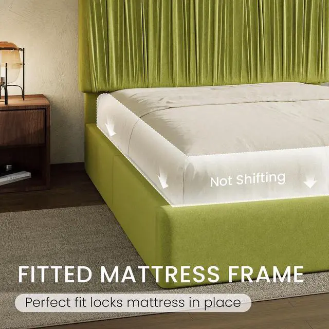 Alt view image 6 of 7 - Full Size Artisanal Pleated Velvet Bed Frame with Adjustable Headboard, Luxurious Upholstered Floor Platform Bed, Modern Low Profile Frame, Green