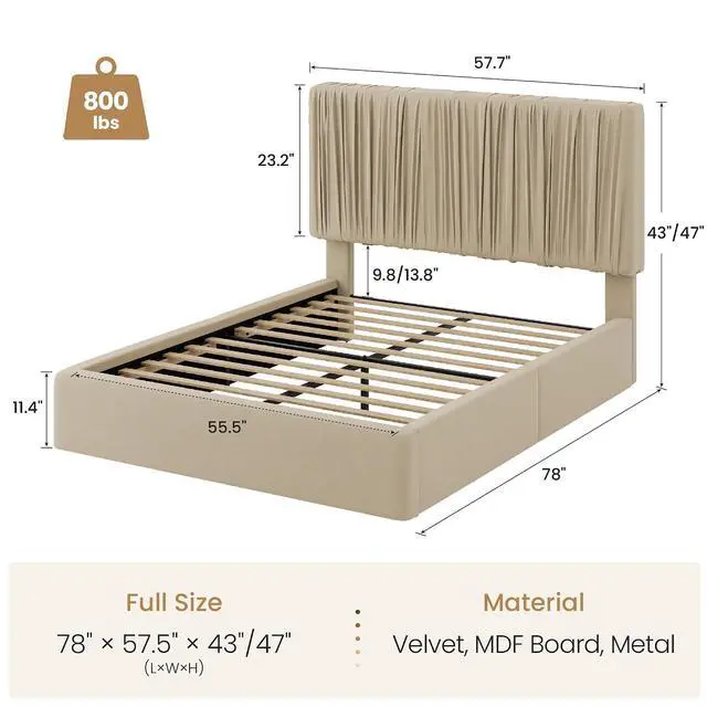 Alt view image 2 of 7 - Full Size Artisanal Pleated Velvet Bed Frame with Adjustable Headboard, Luxurious Upholstered Floor Platform Bed, Modern Low Profile Frame, Beige White