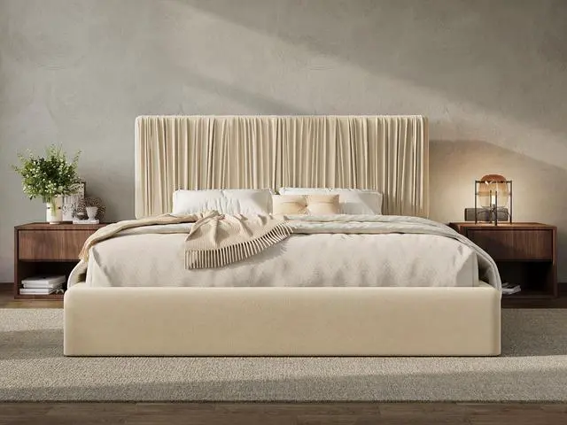 Main image of King Size Artisanal Pleated Velvet Bed Frame with Adjustable Headboard, Luxurious Upholstered Floor Platform Bed, Modern Low Profile Frame, Beige White
