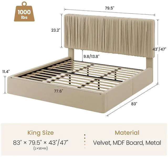 Alt view image 2 of 7 - King Size Artisanal Pleated Velvet Bed Frame with Adjustable Headboard, Luxurious Upholstered Floor Platform Bed, Modern Low Profile Frame, Beige White