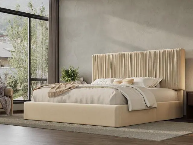 Alt view image 3 of 7 - King Size Artisanal Pleated Velvet Bed Frame with Adjustable Headboard, Luxurious Upholstered Floor Platform Bed, Modern Low Profile Frame, Beige White