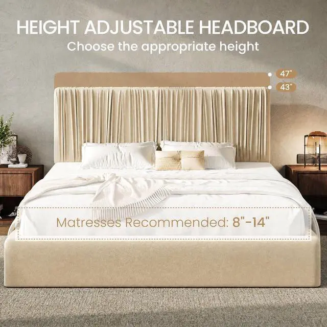 Alt view image 5 of 7 - King Size Artisanal Pleated Velvet Bed Frame with Adjustable Headboard, Luxurious Upholstered Floor Platform Bed, Modern Low Profile Frame, Beige White