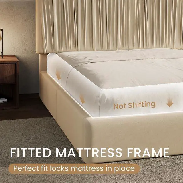 Alt view image 6 of 7 - King Size Artisanal Pleated Velvet Bed Frame with Adjustable Headboard, Luxurious Upholstered Floor Platform Bed, Modern Low Profile Frame, Beige White