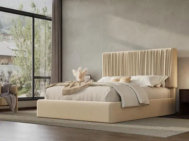 Alt view image 3 of 7 - Queen Size Artisanal Pleated Velvet Bed Frame with Adjustable Headboard, Luxurious Upholstered Floor Platform Bed, Modern Low Profile Frame, Beige White