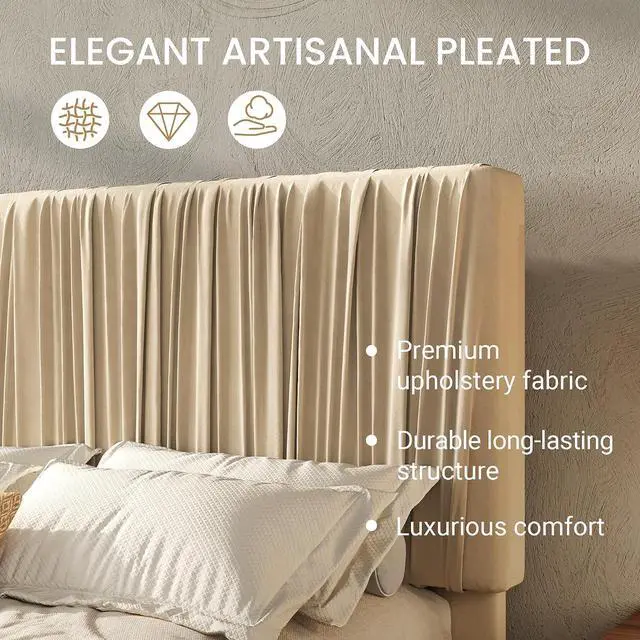Alt view image 4 of 7 - Queen Size Artisanal Pleated Velvet Bed Frame with Adjustable Headboard, Luxurious Upholstered Floor Platform Bed, Modern Low Profile Frame, Beige White