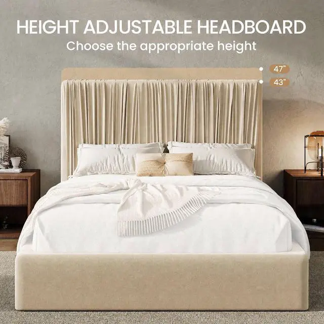 Alt view image 5 of 7 - Queen Size Artisanal Pleated Velvet Bed Frame with Adjustable Headboard, Luxurious Upholstered Floor Platform Bed, Modern Low Profile Frame, Beige White