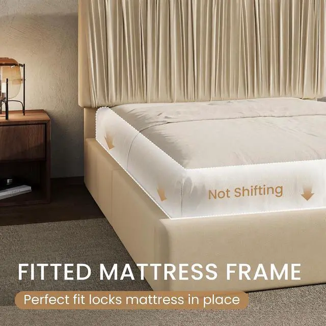 Alt view image 6 of 7 - Queen Size Artisanal Pleated Velvet Bed Frame with Adjustable Headboard, Luxurious Upholstered Floor Platform Bed, Modern Low Profile Frame, Beige White