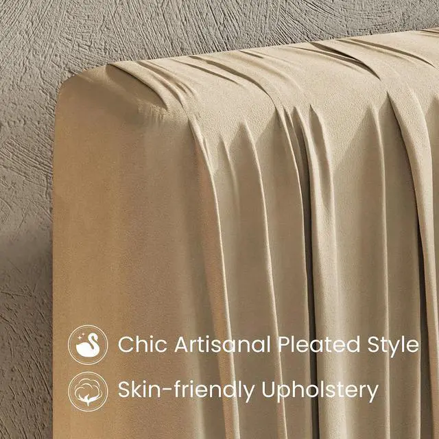 Alt view image 7 of 7 - Queen Size Artisanal Pleated Velvet Bed Frame with Adjustable Headboard, Luxurious Upholstered Floor Platform Bed, Modern Low Profile Frame, Beige White