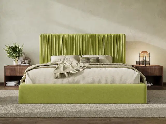 Main image of King Size Artisanal Pleated Velvet Bed Frame with Adjustable Headboard, Luxurious Upholstered Floor Platform Bed, Modern Low Profile Frame, Green