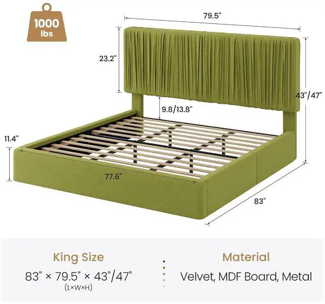 Alt view image 2 of 7 - King Size Artisanal Pleated Velvet Bed Frame with Adjustable Headboard, Luxurious Upholstered Floor Platform Bed, Modern Low Profile Frame, Green