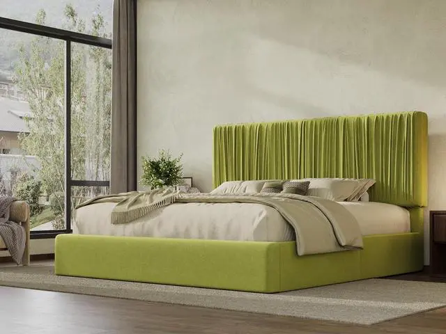 Alt view image 3 of 7 - King Size Artisanal Pleated Velvet Bed Frame with Adjustable Headboard, Luxurious Upholstered Floor Platform Bed, Modern Low Profile Frame, Green
