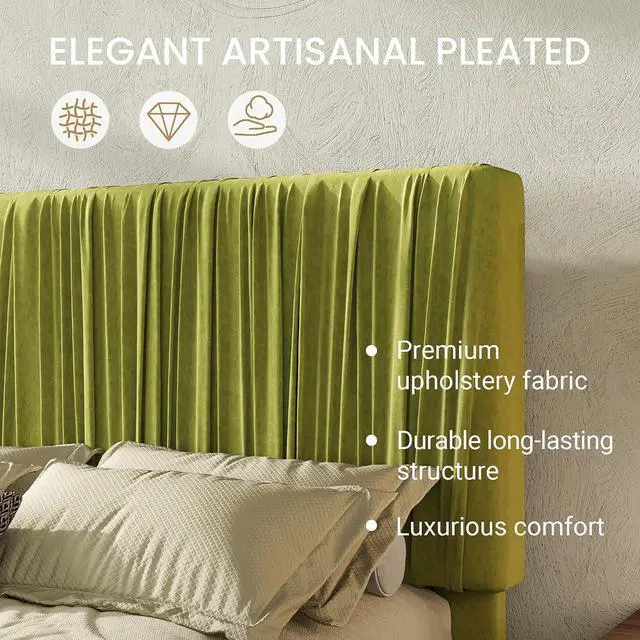 Alt view image 4 of 7 - Full Size Artisanal Pleated Velvet Bed Frame with Adjustable Headboard, Luxurious Upholstered Floor Platform Bed, Modern Low Profile Frame, Green