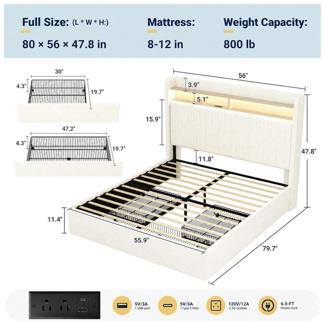Alt view image 2 of 7 - Full Upholstered Platform Bed Frame with 3 Spacious Storage Drawers, Built-in LED Lights & Charging Station, Vertical Tufted Headboard with Shelf, No Box Spring Needed, Chenille White