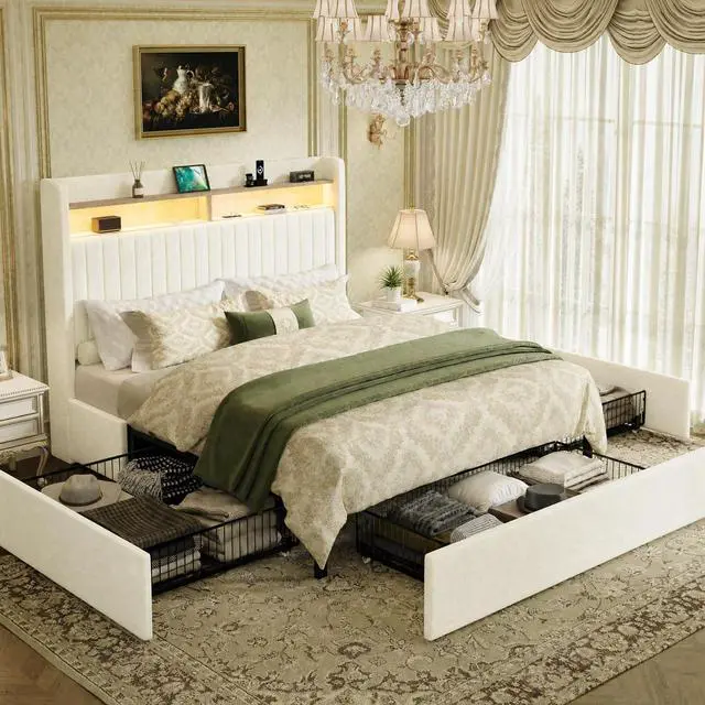 Main image of Full Upholstered Platform Bed Frame with 3 Spacious Storage Drawers, Built-in LED Lights & Charging Station, Vertical Tufted Headboard with Shelf, No Box Spring Needed, Chenille White