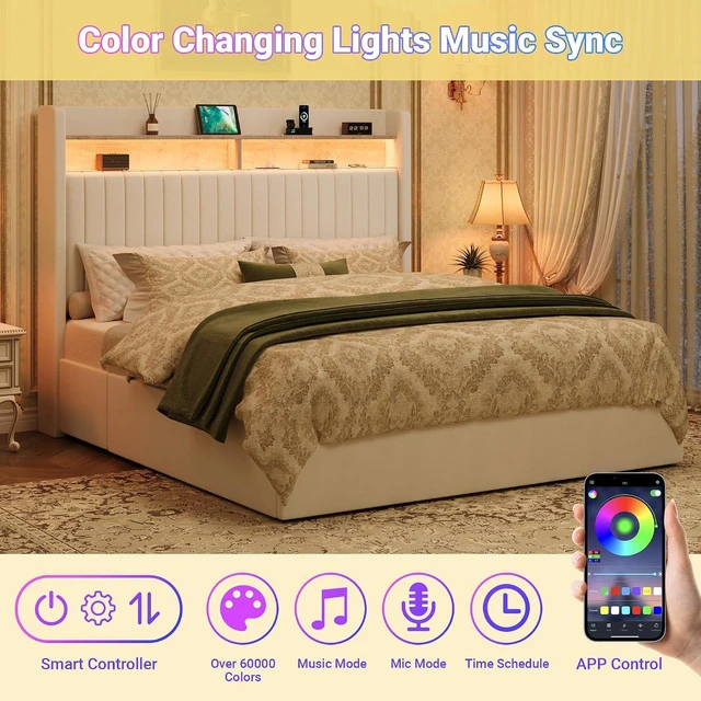 Alt view image 5 of 7 - Full Upholstered Platform Bed Frame with 3 Spacious Storage Drawers, Built-in LED Lights & Charging Station, Vertical Tufted Headboard with Shelf, No Box Spring Needed, Chenille White