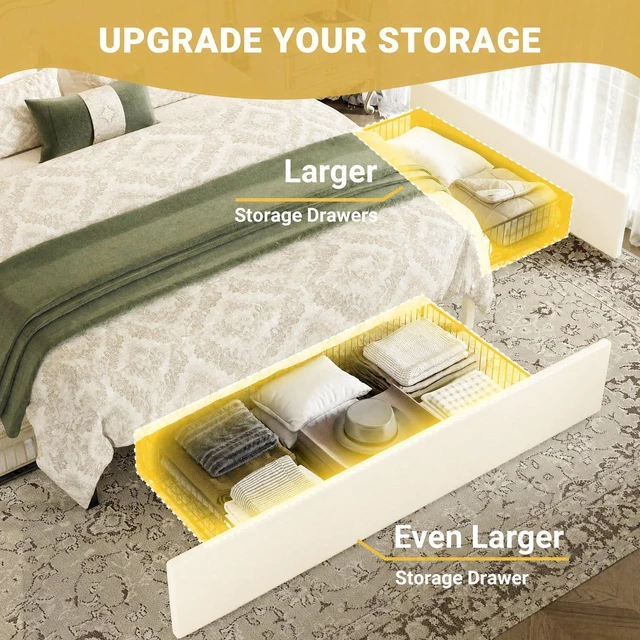 Alt view image 4 of 7 - Full Upholstered Platform Bed Frame with 3 Spacious Storage Drawers, Built-in LED Lights & Charging Station, Vertical Tufted Headboard with Shelf, No Box Spring Needed, Chenille White