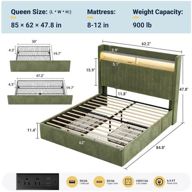 Alt view image 2 of 7 - Queen Upholstered Platform Bed Frame with 3 Spacious Storage Drawers, Built-in LED Lights & Charging Station, Vertical Tufted Headboard with Shelf, No Box Spring Needed, Velvet Green