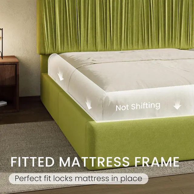Alt view image 6 of 7 - King Size Artisanal Pleated Velvet Bed Frame with Adjustable Headboard, Luxurious Upholstered Floor Platform Bed, Modern Low Profile Frame, Green