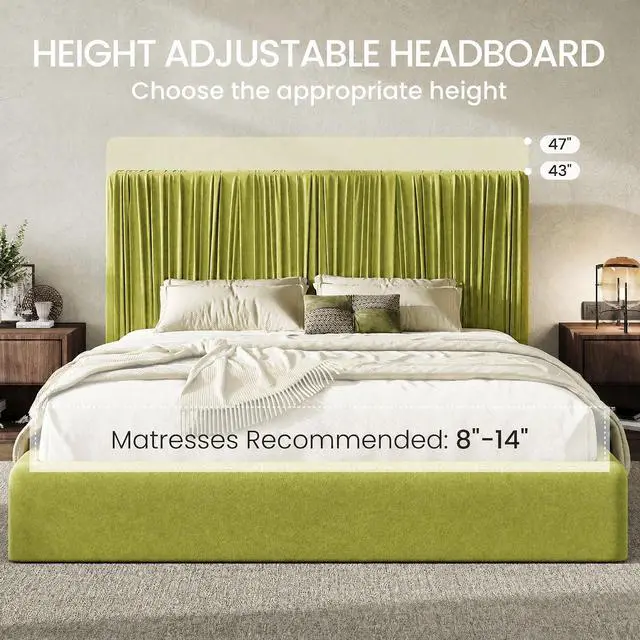 Alt view image 5 of 7 - King Size Artisanal Pleated Velvet Bed Frame with Adjustable Headboard, Luxurious Upholstered Floor Platform Bed, Modern Low Profile Frame, Green
