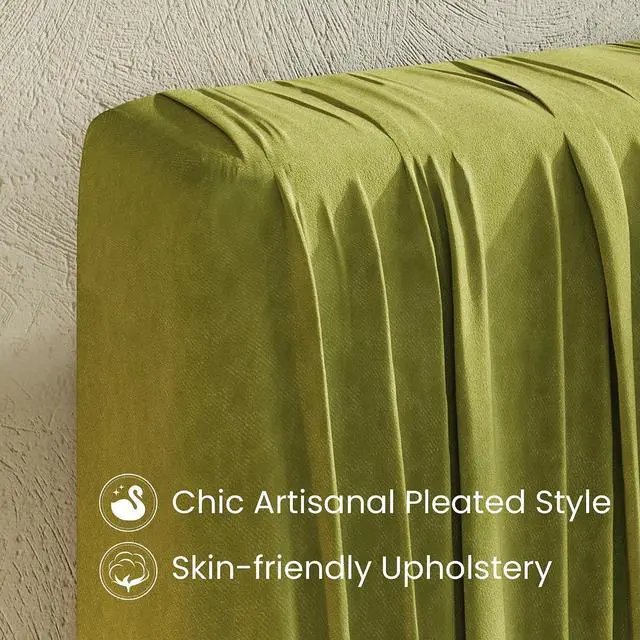 Alt view image 7 of 7 - Full Size Artisanal Pleated Velvet Bed Frame with Adjustable Headboard, Luxurious Upholstered Floor Platform Bed, Modern Low Profile Frame, Green