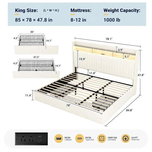 Alt view image 2 of 7 - King Upholstered Platform Bed Frame with 3 Spacious Storage Drawers, Built-in LED Lights & Charging Station, Vertical Tufted Headboard with Shelf, No Box Spring Needed, Chenille White