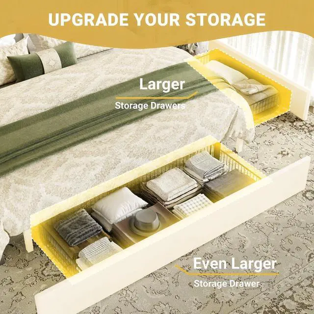 Alt view image 4 of 7 - King Upholstered Platform Bed Frame with 3 Spacious Storage Drawers, Built-in LED Lights & Charging Station, Vertical Tufted Headboard with Shelf, No Box Spring Needed, Chenille White