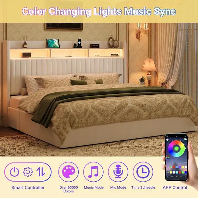 Alt view image 5 of 7 - King Upholstered Platform Bed Frame with 3 Spacious Storage Drawers, Built-in LED Lights & Charging Station, Vertical Tufted Headboard with Shelf, No Box Spring Needed, Chenille White